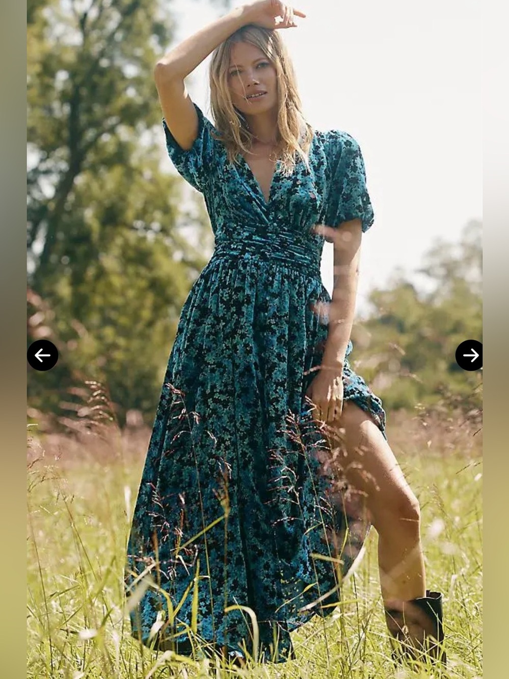 By Anthropologie  Katerina Blue Velvet Floral Button Front  Midi Dress